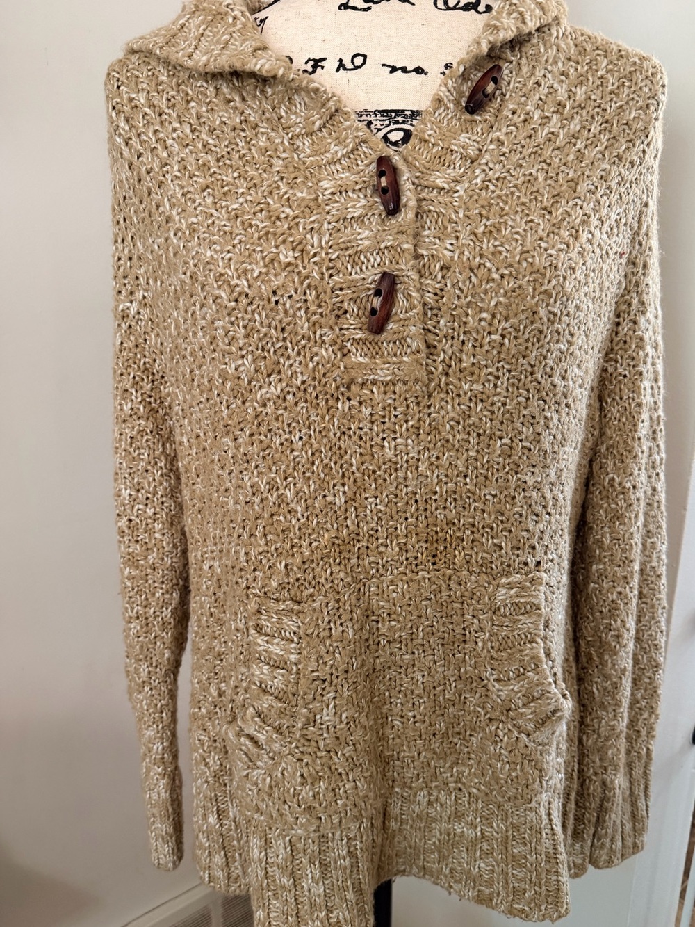 Ruff Hewn L Chunky Textured Knit Hooded Toggle Pullover Sweater Fisherman Inspir